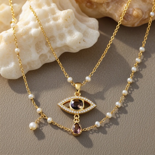 Тонкая цепочка с золотыми шариками и мелкими жемчужными камушками на цепочке есть кулон в форме глаза, зрачок глаза из раухтопаза от глаза идет маленькая подвеска с маленьким камушком 