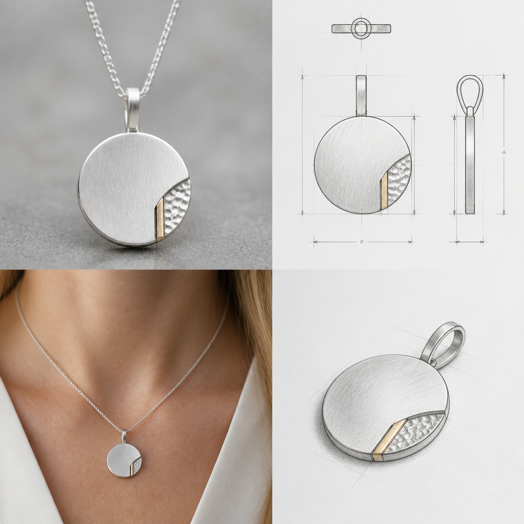 A nordic women's pendant made of silver with sapphire stones, detailed and decorative, moderately ornate. "photorealistic jewelry design, A scandinavian women's pendant made of silver suitable for daily wear, minimalist. simple and delicate, clean lines. simplistic form minimalist brushed silver finish with an accent of gold and a very small section of hammered surface, scandinavian style, with design scketchs and mesurments
photorealistic jewelry design, A nordic women's pendant made of silver with sapphire stones, detailed and decorative, moderately ornate. "photorealistic jewelry design, A scandinavian women's pendant made of silver suitable for daily wear, minimalist. simple and delicate, clean lines. simplistic form minimalist brushed silver finish with an accent of gold and a very small section of hammered surface, scandinavian style, with design scketchs and mesurments, nordic style, just the design no text