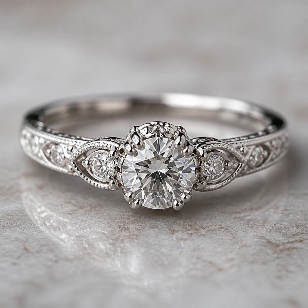 A vintage women's ring made of silver with diamond stones suitable for engagement
photorealistic jewelry design, A vintage women's ring made of silver with diamond stones suitable for engagement, vintage style, just the design no text
