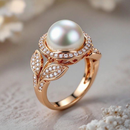 golden ring with peral sorrounded by diamonds inside a rose with leaves 