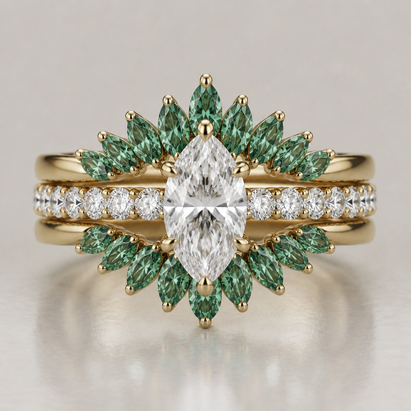 i want the emerald green diamonds around to be bigger and a more sharper shape instead of round. to look like smaller marquise diamonds surrounding the bigger marquise in the middle.
edit the attached jewelry design with these instructions: i want the emerald green diamonds around to be bigger and a more sharper shape instead of round. to look like smaller marquise diamonds surrounding the bigger marquise in the middle.. keep it photorealistic, just the design no text