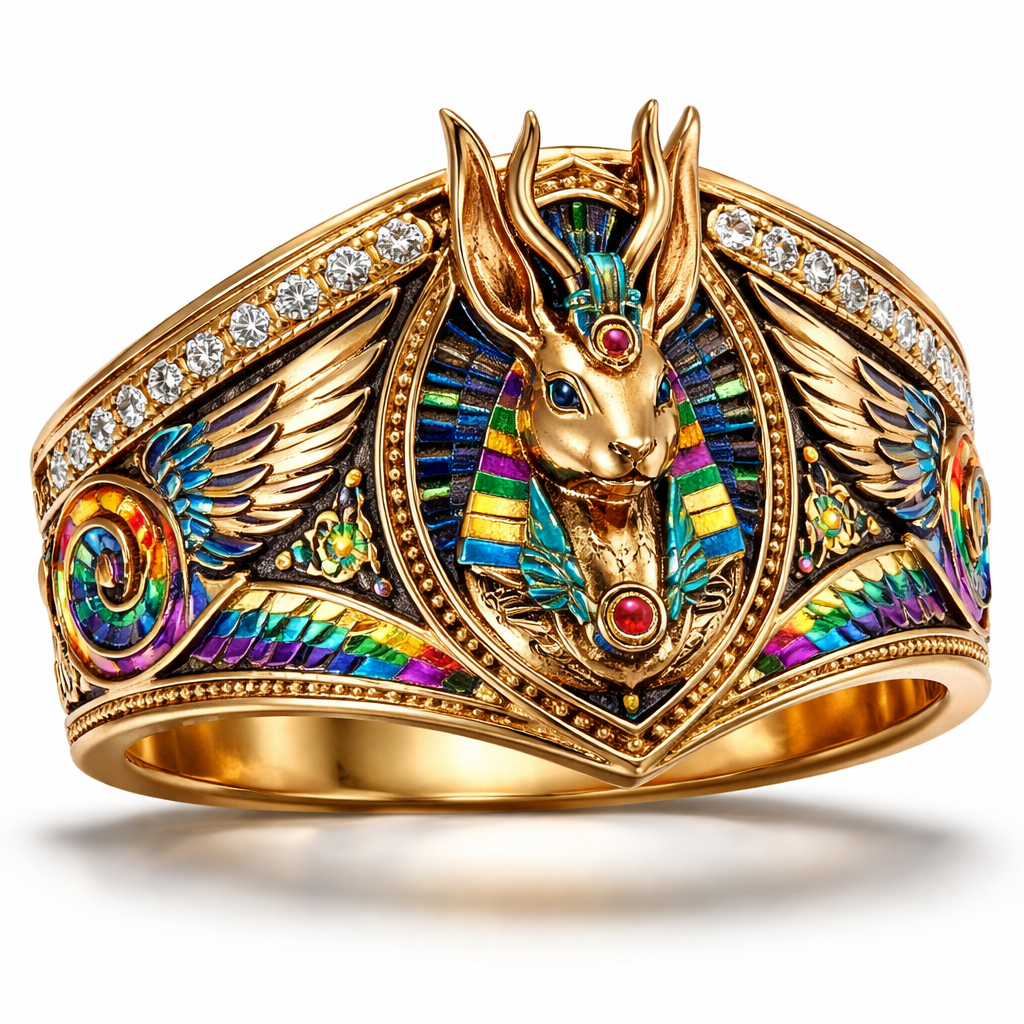 A golden band with Egyptian Jackalope, men with beautiful designs and rainbow turbo, and diamonds on the side
A golden band with Egyptian Jackalope, men with beautiful designs and rainbow turbo, and diamonds on the side, egyptian style