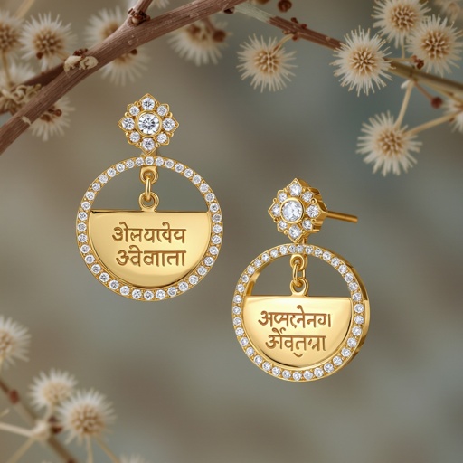 Серьги золотые в форме полукруга, полукруг как продолжение застежки, на полукруге надписи мантрами на санскрите