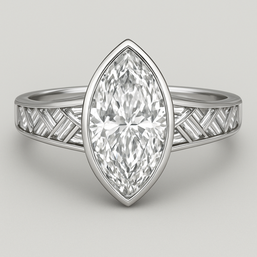 Bezel set 6 carat marquise diamond center stone with baguette diamonds in a herringbone pattern in the band