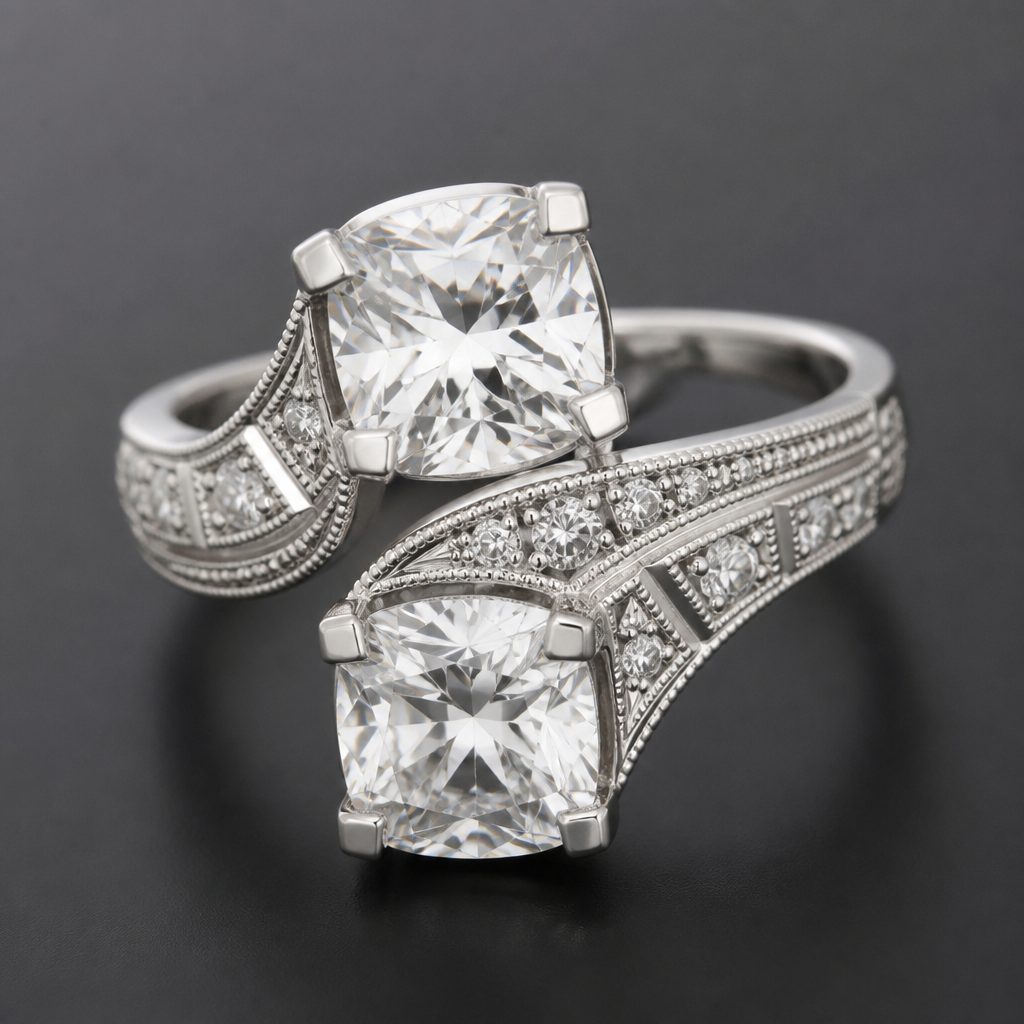 A art deco women's ring made of white gold with diamond stones suitable for engagement. vintage-style crossover engagement ring featuring two 2 carat, cushion-cut diamonds in a gold tension setting
photorealistic jewelry design, A art deco women's ring made of white gold with diamond stones suitable for engagement. vintage-style crossover engagement ring featuring two 2 carat, cushion-cut diamonds in a gold tension setting, art_deco style, just the design no text