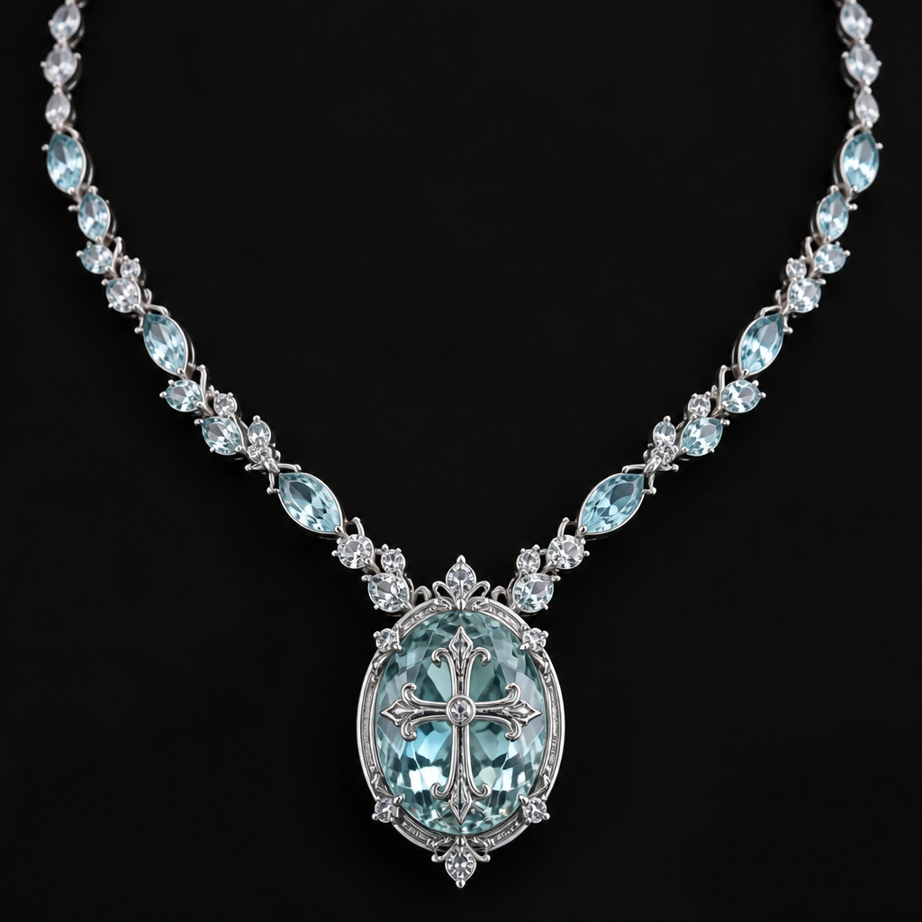 A women's necklace made of silver with aquamarine stones. i want my jewelry where the gems are around Infront then the main gem in the middle is big and it has cross in it and as well as the cross has it's own design
photorealistic jewelry design, A women's necklace made of silver with aquamarine stones. i want my jewelry where the gems are around Infront then the main gem in the middle is big and it has cross in it and as well as the cross has it's own design, modern style, just the design no text