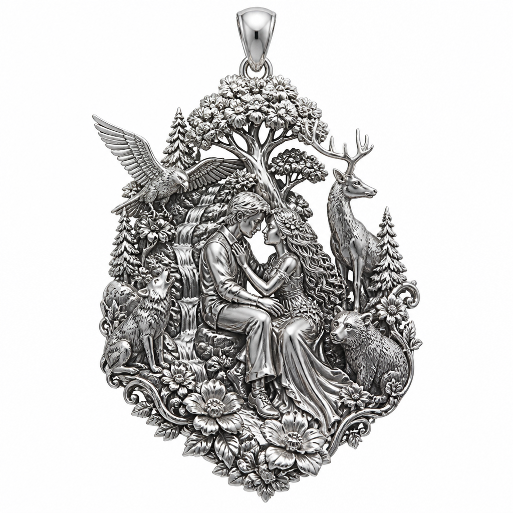 A romantic women's pendant made of silver suitable for festival. An extraordinary excellent beautiful and delicate, super modern pendant with all the elements of nature, with all the animals, with all the plants and with all the flowers of the forest of the mountains, without stones, without background only the pendant, all the animals, plants, trees, flowers, women and men to be like statues.
photorealistic jewelry design, A romantic women's pendant made of silver suitable for festival. An extraordinary excellent beautiful and delicate, super modern pendant with all the elements of nature, with all the animals, with all the plants and with all the flowers of the forest of the mountains, without stones, without background only the pendant, all the animals, plants, trees, flowers, women and men to be like statues., romantic style, just the design no text
