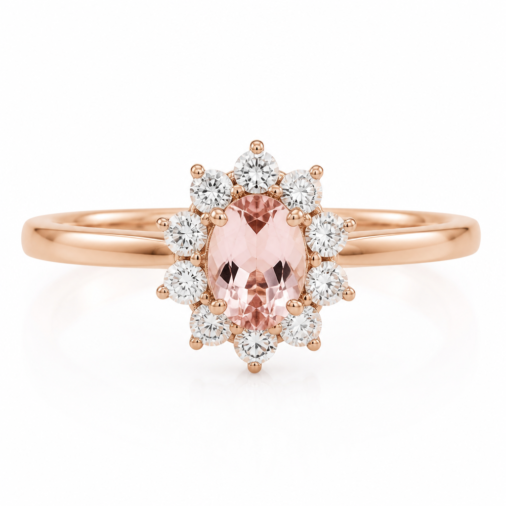Design a cluster ring in rose gold with a 6x4mm oval pink Morganite and 8 x 3mm/0.10cts Round diamonds around the centre stone. The band has no stones.
photorealistic jewelry design, just the design, no text, Rose gold cluster ring with a 6x4mm oval pink Morganite center, surrounded by 8 x 3mm round diamonds. Simple rose gold band.