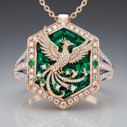 Geomatric rose gold and A platinum signet ring with phoenix printed on it for women Design a luxurious platinum signet ring that embodies the elegance of Art Deco style, featuring a striking phoenix rendered in intricate geometric patterns. Emphasize bold lines and symmetry, with contrasting finishes for depth. Adorn the ring with brilliant-cut diamonds and emeralds, capturing the spirit of rebirth and timeless sophistication. Rose gold geometric pendant. Platinum signet ring with a phoenix, brilliant-cut diamonds, and emeralds, in platinum with contrasting finishes.
