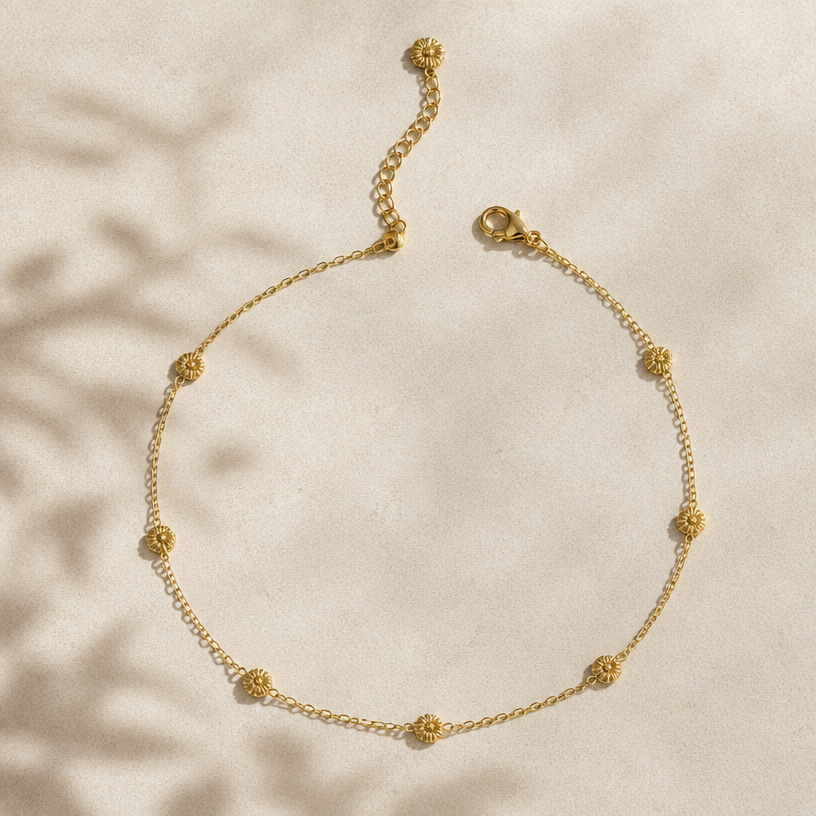 A nature women's anklet made of gold, minimalist, simple and delicate, clean lines. turn beads into small dahlias
using the attached image as a visual reference, create A nature women's anklet made of gold, minimalist, simple and delicate, clean lines. turn beads into small dahlias. photorealistic, just the design no text