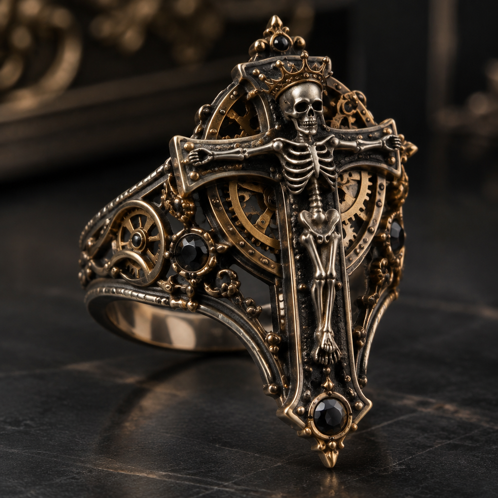 A steampunk women's ring suitable for formal. a skeleton on a cross with a reaper crown
photorealistic jewelry design, A steampunk women's ring suitable for formal. a skeleton on a cross with a reaper crown, steampunk style, just the design no text