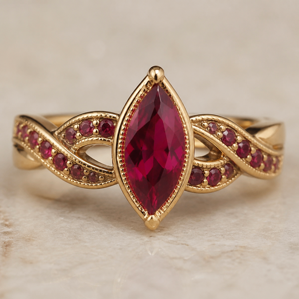 A vintage women's ring made of gold with ruby stones suitable for birthday, detailed and decorative, moderately ornate. bague torsadée avec une grosse pièce de rubis en losange pointu
photorealistic jewelry design, A vintage women's ring made of gold with ruby stones suitable for birthday, detailed and decorative, moderately ornate. bague torsadée avec une grosse pièce de rubis en losange pointu, vintage style, just the design no text