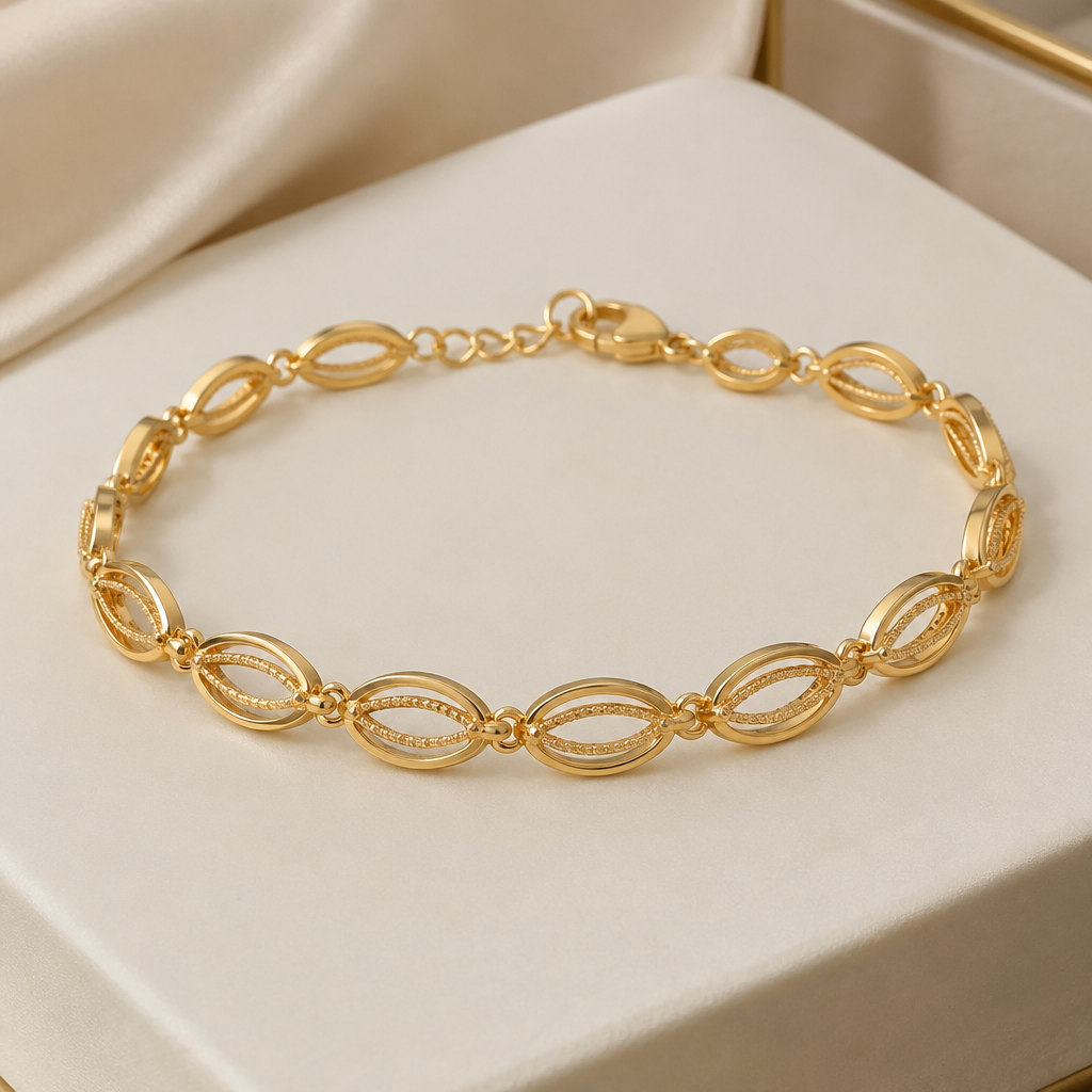A classic women's bracelet made of gold suitable for engagement. many ovan shape inside the oven lines ,light weight the hukk side last small oven shape round
photorealistic jewelry design, A classic women's bracelet made of gold suitable for engagement. many ovan shape inside the oven lines ,light weight the hukk side last small oven shape round, classic style, just the design no text