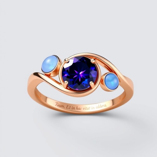 A simple, three stone rose gold engagement ring set with a circular alexandrite. Also set with a small half moon blue chalcedony on one side right next to it, and a small half moon moonstone set on the other side right next to it. On the inside of the band, it has an inscription reading, “Tuum. Et in hac vita et in altera.”