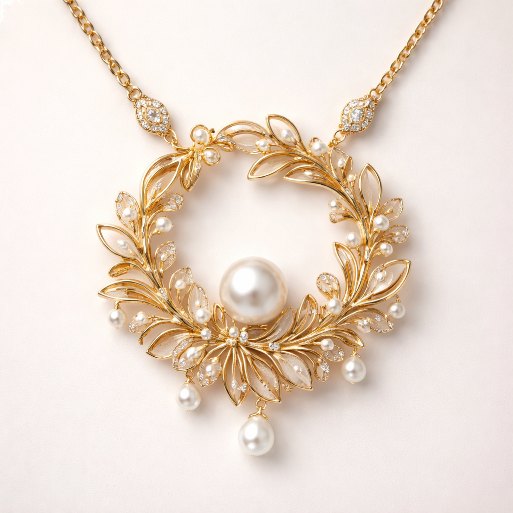 Elegant circular gold necklace inspired by soft floral and pearl shapes, with a modern Emirati touch. The design should be unique and not similar to Van Cleef. Include a central pearl (danah) and delicate abstract petals forming a circular harmony. Luxurious, minimal, and culturally inspired.
