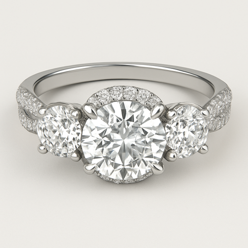 3 stone 4.5 carat wedding ring with twisted pave band and hidden halo