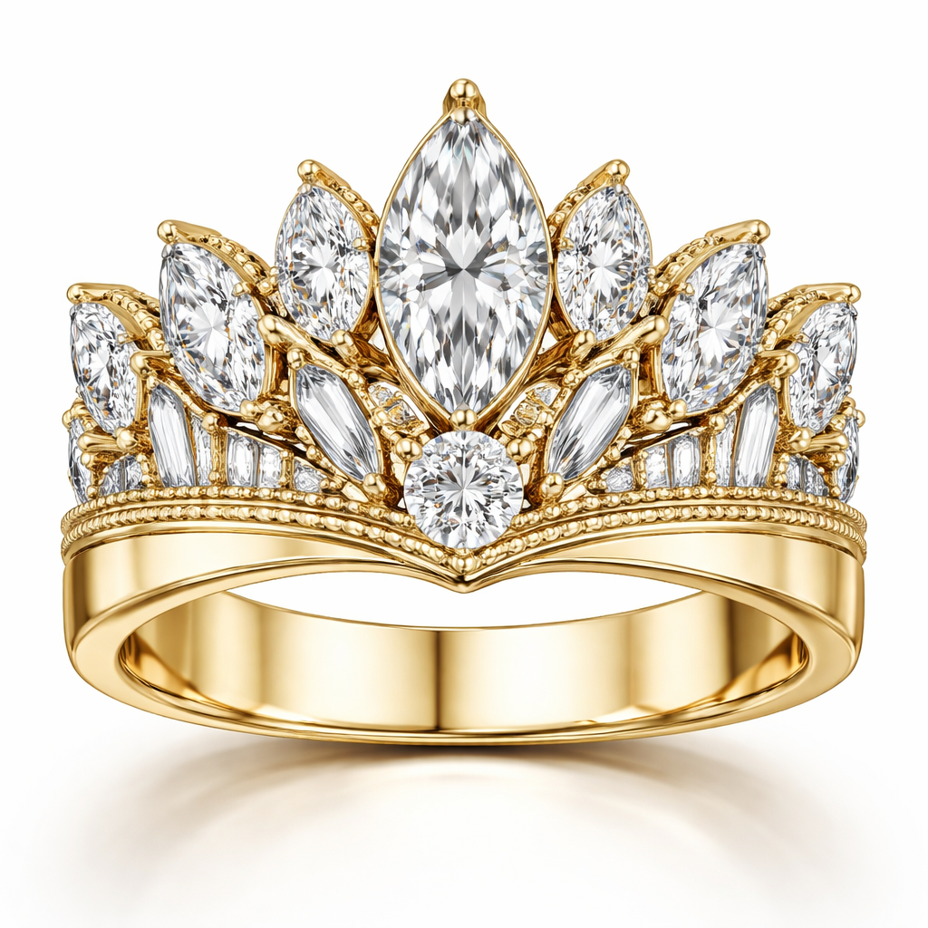 Ring AI Create a ring in 14k yellow gold, set in platinum. The center stone is a .60 size marquise diamond with a .25 round diamond set directly under the marquise. Add 6 more marquise shaped diamonds and 2 more round diamonds and 4 to 6 rectangle shaped baguettes in the shape of a crown with a 4mm thick gold yellow gold band