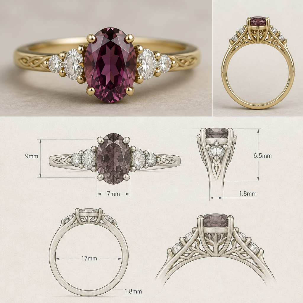 A scandinavian women's ring. Créer une bague photo realistique ainsi que son croquis portant ses mesure et tout infor.ation pertinante
J'aimerais que la bague soit en or une bague pour femme avec la pierre principe ovale de 7mm par 9mm (une spinel mauve foncé)et trois petit diamants ronds de 2mm a 4mm de chaques côté de la pierre principal jaimerais que la pierre principale soit dans une attache de type bascket avec 6 "prongs" et jaimerais que le design soit élégant pure et feminin avec seulement quelques petites decorations simples de style scandinave et ornements de yggdrasil
photorealistic jewelry design, A scandinavian women's ring. Créer une bague photo realistique ainsi que son croquis portant ses mesure et tout infor.ation pertinante
J'aimerais que la bague soit en or une bague pour femme avec la pierre principe ovale de 7mm par 9mm (une spinel mauve foncé)et trois petit diamants ronds de 2mm a 4mm de chaques côté de la pierre principal jaimerais que la pierre principale soit dans une attache de type bascket avec 6 "prongs" et jaimerais que le design soit élégant pure et feminin avec seulement quelques petites decorations simples de style scandinave et ornements de yggdrasil, scandinavian style, just the design no text