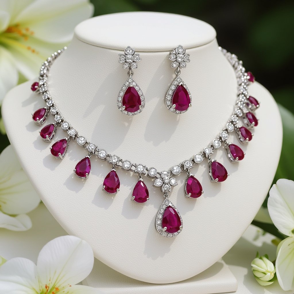 Colorful spinal luxury necklace long pear drop style and luxury earring set Platinum necklace, ruby pear drops, diamond accents, prong setting. Matching platinum earrings, ruby pear drops, diamond accents, prong setting.