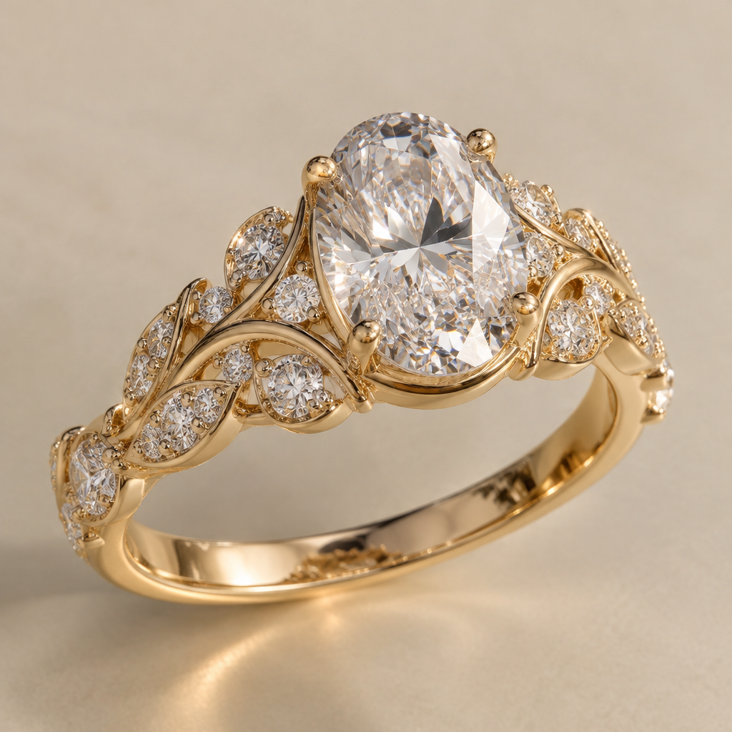 A modern women's ring made of gold with diamond stones suitable for engagement, detailed and decorative, moderately ornate. A beautiful gold ring with a unique design with a set of smaller diamonds , en then to finish it of eith a nice big oval shaped diamond in the middle
photorealistic jewelry design, A modern women's ring made of gold with diamond stones suitable for engagement, detailed and decorative, moderately ornate. A beautiful gold ring with a unique design with a set of smaller diamonds , en then to finish it of eith a nice big oval shaped diamond in the middle, modern style, just the design no text
