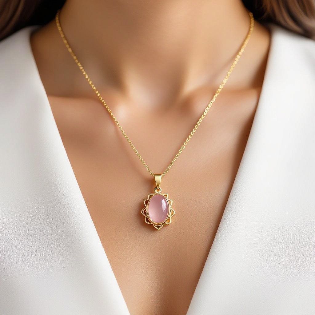 Золотая матовая цепочка. Подвеска матовая лотос шесть лепестков нижние лепестки крупнее верхних  не круглый . В сердце лотоса матовый розовый кварц овальный