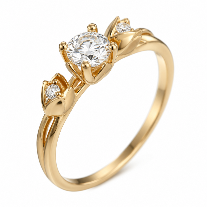 A modern women's ring made of gold with diamond stones suitable for engagement. un anillo de oro con detalles de tulipan a los lados con un diamante en la parte superior
using the attached image as a visual reference, create A modern women's ring made of gold with diamond stones suitable for engagement. un anillo de oro con detalles de tulipan a los lados con un diamante en la parte superior. photorealistic, just the design no text