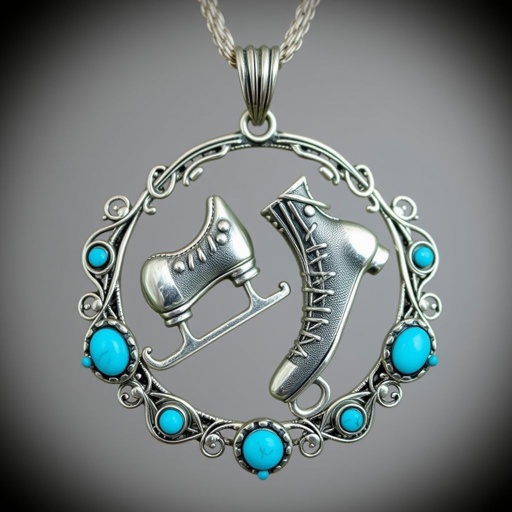 Pendant silver with stylized ice figure skating skates. Remove boots and leave only lowest part of skates. Add turquoise