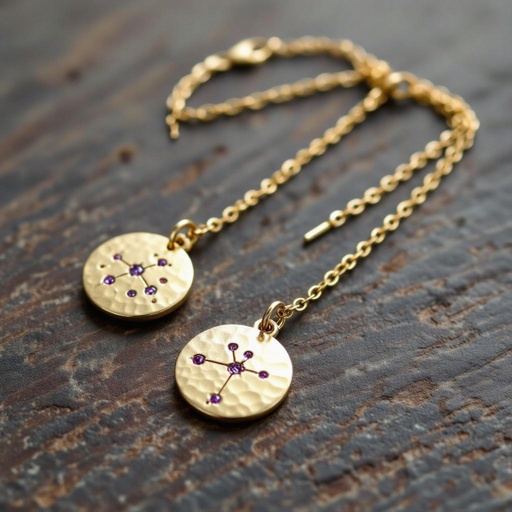 Серьги на длинных цепочках матовое золото мятое. Символ схематично созвездие. Маленькие фиолетовые камушки