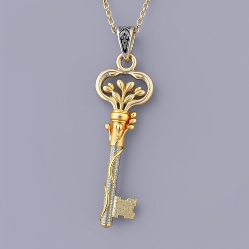 Old skeleton key shape gold and silver tones with olive branch turning on leg and keffieh print on the tip