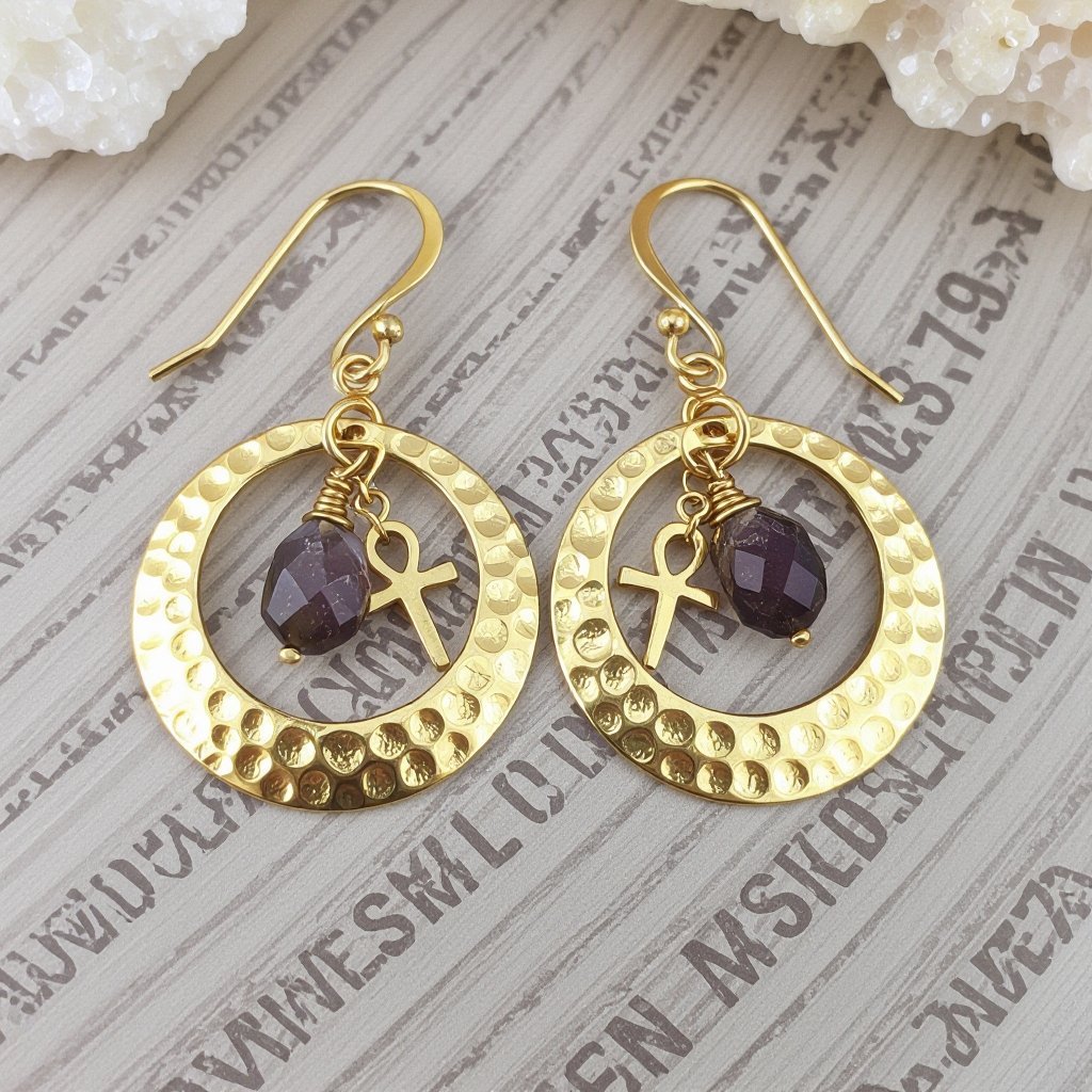 Золотые серьги словно мятое золото в форме узкого изящного полумесяца. Верхушка полумесяца крепится к застежке серьги. К нижней части полумесяца крепятся три подвески: миниатюрный золотой египетриский крест, очень маленький кристалл раухтопаза и маленький золотой кружочек с мятым эффектом плоский