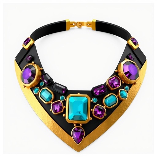 **Design Concept:** A bold, oversized choker that combines modern geometric shapes with organic, flowing forms. The base can be made of matte black metal for a sleek, contemporary look, with accents of polished silver or gold to add contrast. The centerpiece features an asymmetrical arrangement of vibrant, semi-precious gemstones—like turquoise, amethyst, or coral—set in irregular, handcrafted bezels for an organic feel. **Key Elements:** - **Shape:** Mix of sharp, angular lines with smooth, curved elements to create visual interest and balance. - **Materials:** Matte black or gunmetal base with shiny metallic accents; colorful gemstones or enamel inlays for pops of color. - **Texture:** Incorporate hammered or brushed finishes to add depth and tactile appeal. - **Size:** Oversized and layered, making it the focal point of any outfit, perfect for modern, edgy styling. **Inspiration Mood:** Think of a fusion between minimalist architecture and natural landscapes—craggy mountains, flowing rivers, and vibrant sunsets—capturing both strength and beauty. Imagine pairing this with sleek, monochrome outfits to let the jewelry stand out or with bohemian styles for a more eclectic, artistic vibe.