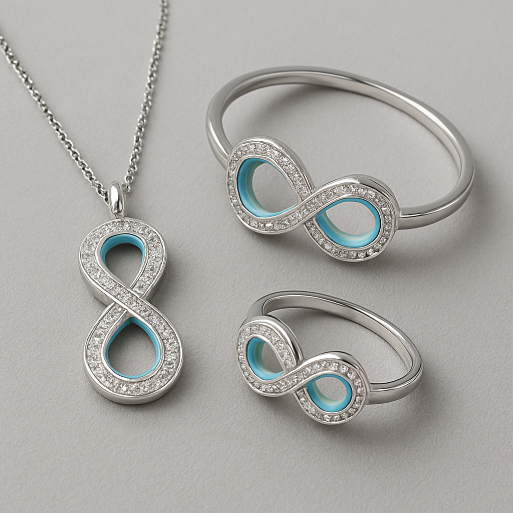سيت غريب وحلو باللون الازرق الفاتح (اسوارة،عقد،خاتم) فضّة مرصع بالالماس ومش مالوف مدموج باللون الازرق علامة♾️