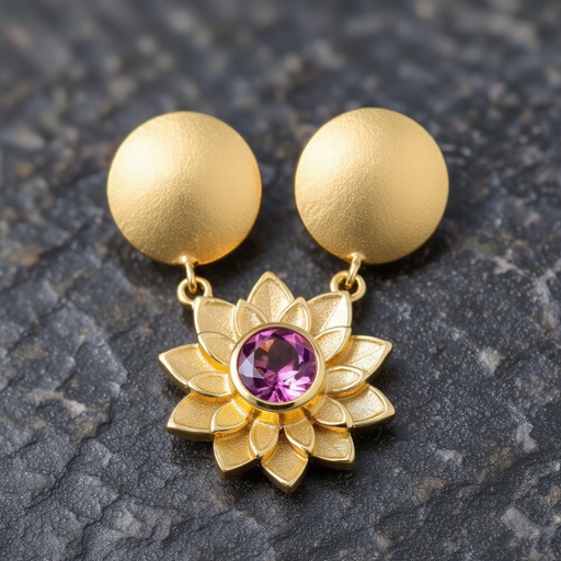 Gold-colored matte ring earrings. Diameter 1 cm. A flat lotus pendant with 6 petals. Pink quartz in the center of the lotus