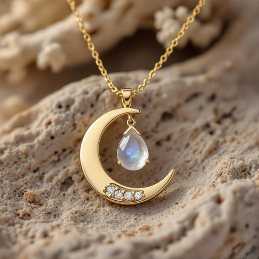 Луна полумесяцем с мелкими камушками и маленький в виде кристала лунный камень подвеска