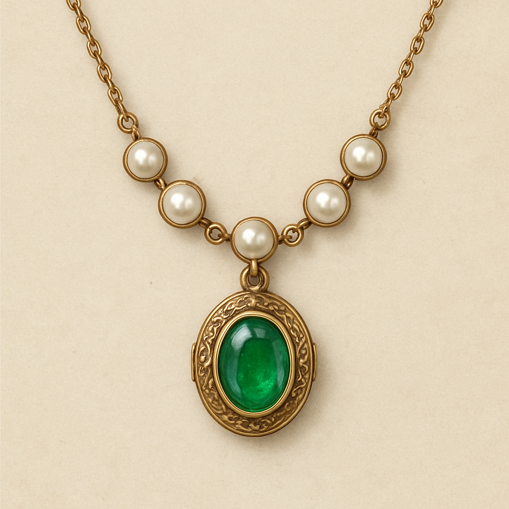 Simple lightweight, maybe 3 g of gold with pearls and an emerald locket