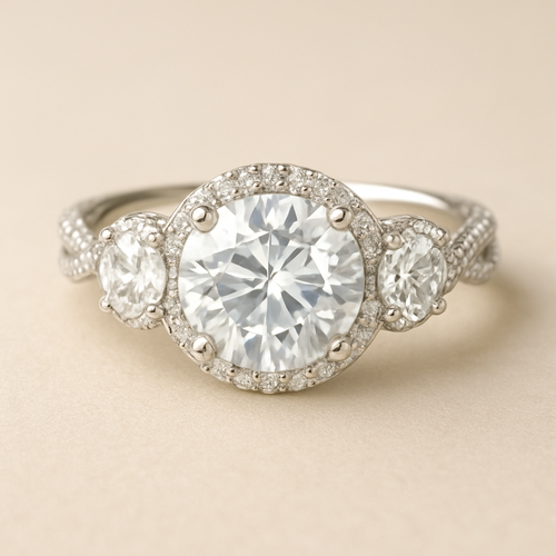 3 stone 4.5 carat wedding ring with twisted pave band and hidden halo