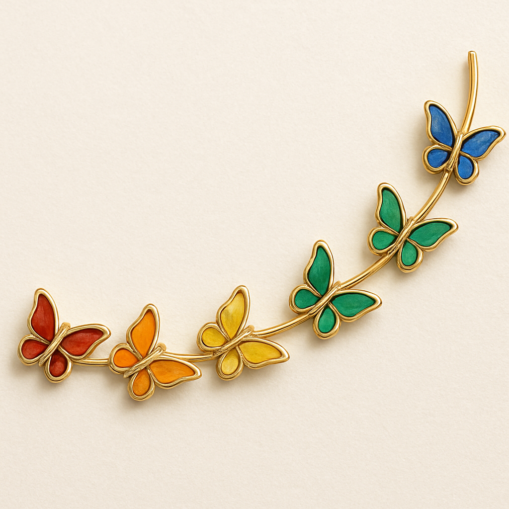 7 small butterflies on gold line, colored with each color: red, orange, yellow, green, blue and purple.