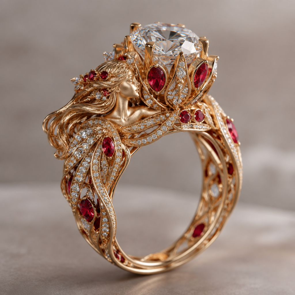 A mythological women's ring with diamond and ruby stones suitable for engagement
photorealistic jewelry design, A mythological women's ring with diamond and ruby stones suitable for engagement, mythological style, just the design no text