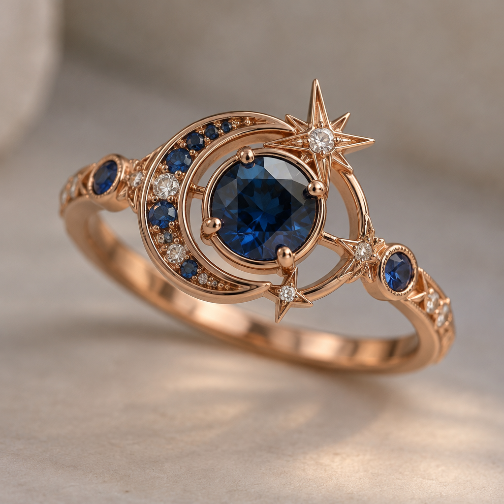 A retro women's ring made of rose gold with sapphire stones suitable for daily wear. birthstone ring, space inspired
photorealistic jewelry design, A retro women's ring made of rose gold with sapphire stones suitable for daily wear. birthstone ring, space inspired, retro style, just the design no text