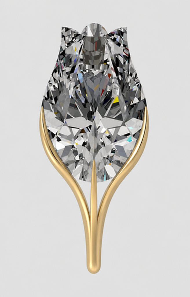 Keep the diamond, the crest, and the two outer side sepals exactly as shown — do not change their position or shape. Make the center support element significantly thinner and more delicate — closer to a fine wire than a tapered blade — and shorter, reaching only about a third as far up the stone's face as it currently does, tapering to almost nothing near its tip rather than staying wide. Its job is structural support near the base, not a visible decorative element competing with the two side sepals. If the two outer sepals also feel substantial, taper them slightly thinner as well, but keep their current length and position. Everything else — stone, crest, stem, proportions — stays exactly the same.
Keep the diamond, the crest, and the two outer side sepals exactly as shown — do not change their position or shape. Make the center support element significantly thinner and more delicate — closer to a fine wire than a tapered blade — and shorter, reaching only about a third as far up the stone's face as it currently does, tapering to almost nothing near its tip rather than staying wide. Its job is structural support near the base, not a visible decorative element competing with the two side sepals. If the two outer sepals also feel substantial, taper them slightly thinner as well, but keep their current length and position. Everything else — stone, crest, stem, proportions — stays exactly the same.