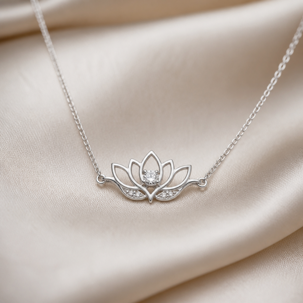 A minimalist women's necklace made of silver with diamond stones. collier minimaliste avec un lotus avec quelque details delicat avec 1 diamant dans le milieu super féminin
photorealistic jewelry design, A minimalist women's necklace made of silver with diamond stones. collier minimaliste avec un lotus avec quelque details delicat avec 1 diamant dans le milieu super féminin, minimalist style, just the design no text