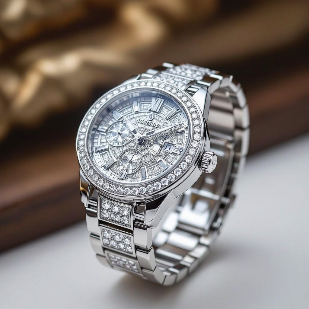 Create a watch of geomatric  shapes and architectural structures and bold edge style of white diamond without any logo or name statement 