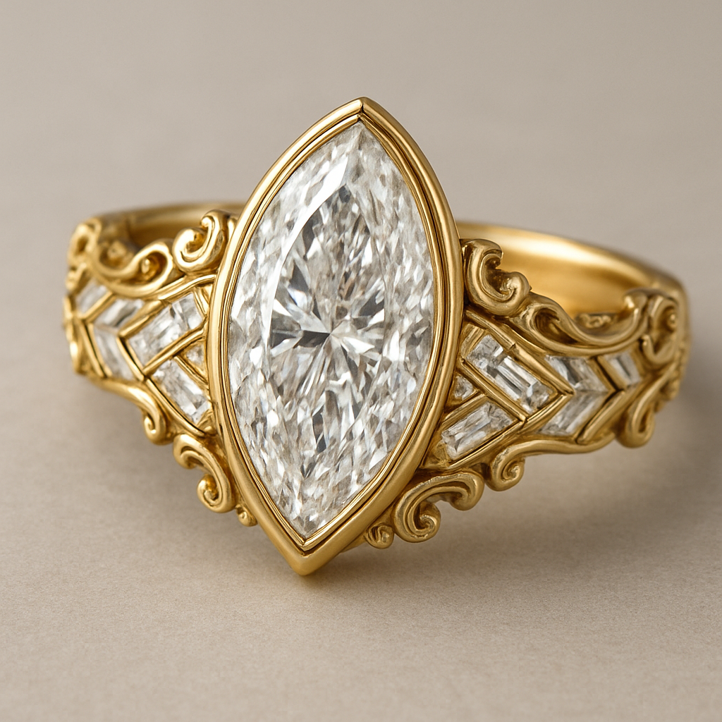 Bezel set 6 carat marquise diamond center stone with baguette diamonds in a herringbone pattern in the band