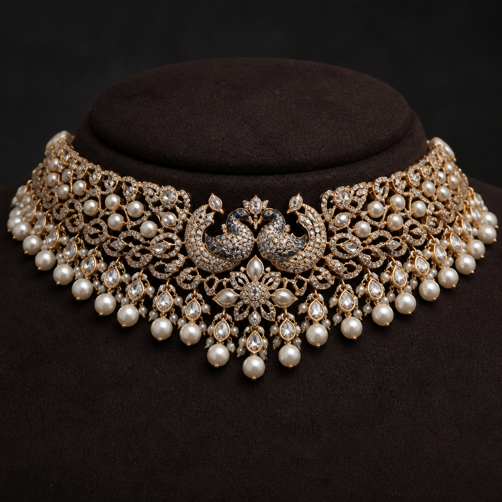 A choker type necklace with a peocock design with peals and flowler designe
photorealistic jewelry design, A choker type necklace with a peocock design with peals and flowler designe, pearls style, just the design no text