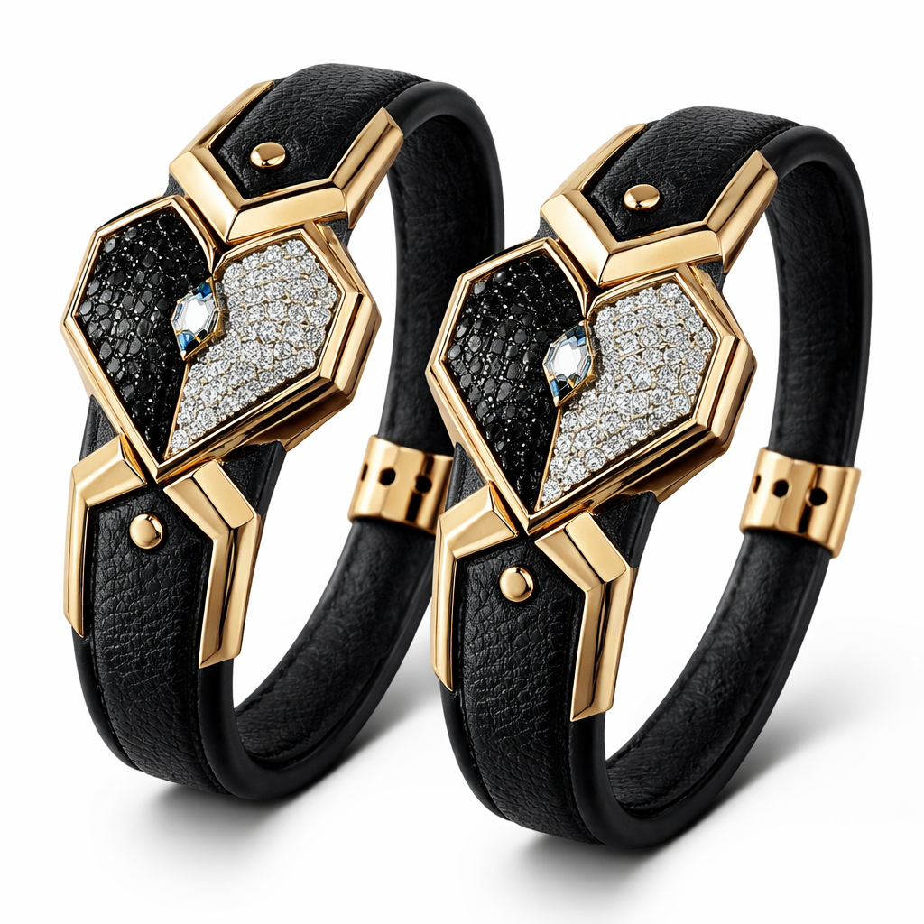 Geomatric leather bangel n of heart of geomatric shape and bold style and edgey for matching couples of white background of gd with black and white diamond