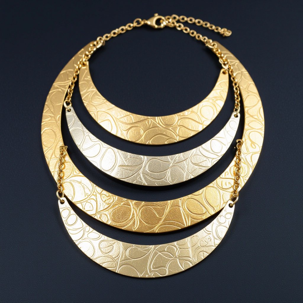 Подвеска из трех полумесяцев из матового неровного светлого золота с узорами соединенных цепочкой сверху самый широкий полукруг дальше средний и снизу самый маленький