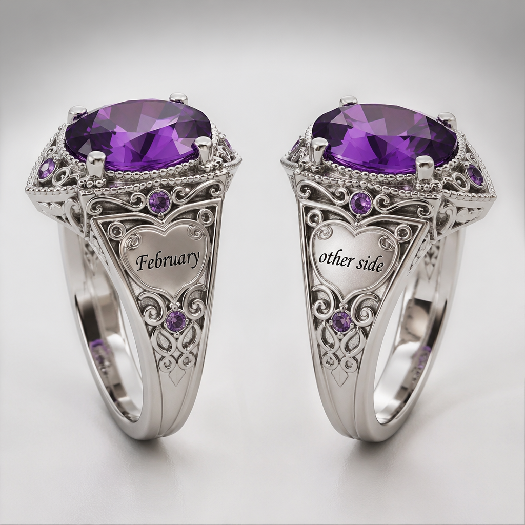 A luxury women's ring made of silver with amethyst stones suitable for gift. on one side of the amethyst engraved " Febuary" And on the other side engraved " other side"
photorealistic jewelry design, A luxury women's ring made of silver with amethyst stones suitable for gift. on one side of the amethyst engraved " Febuary" And on the other side engraved " other side", luxury style, just the design no text
