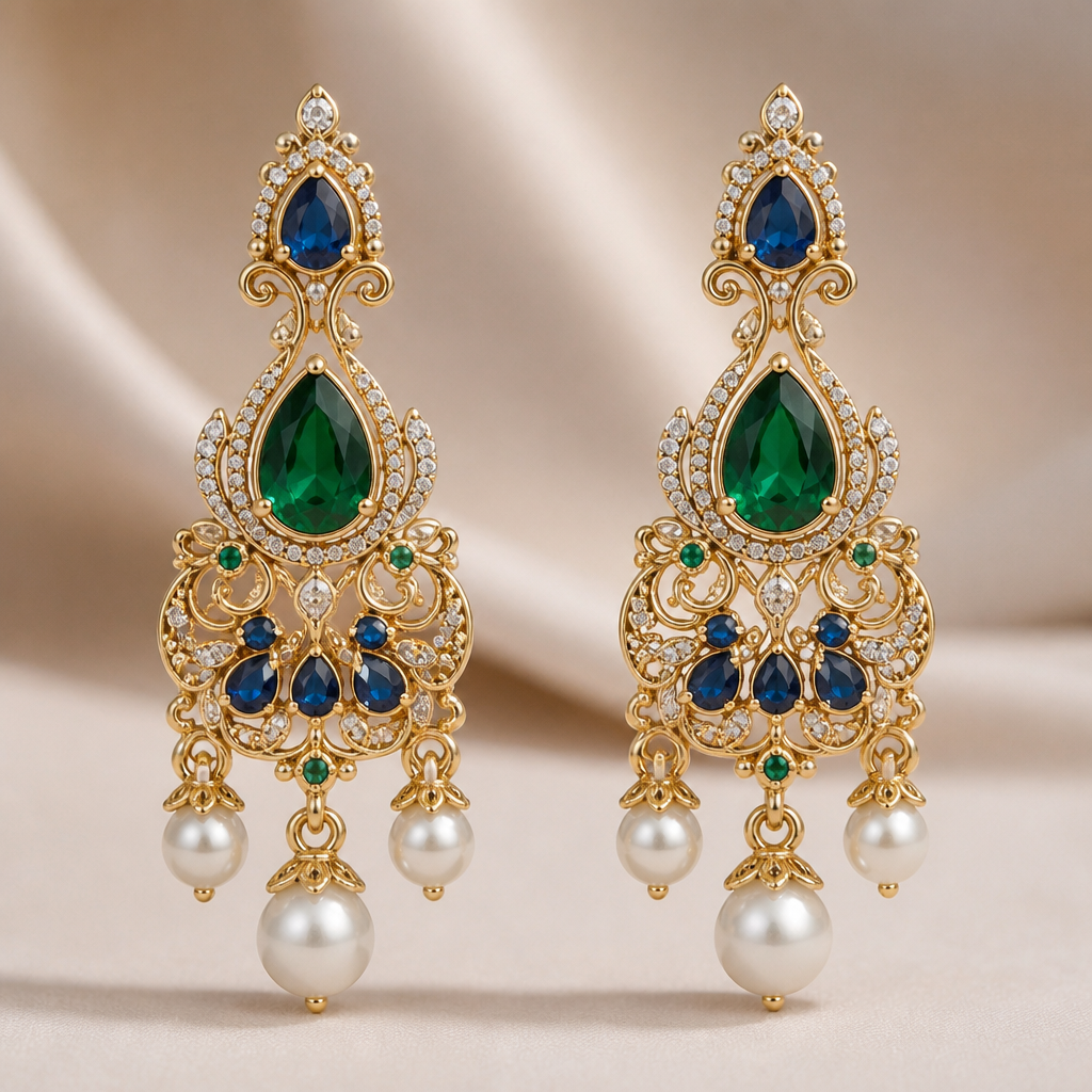 A royal women's earrings made of gold with emerald and pearl and sapphire stones suitable for gift
