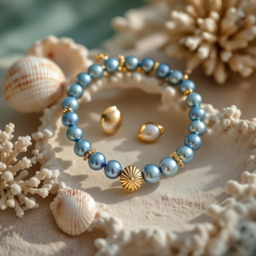 Sea inspired jewelry set, with different blue shades pearls and small shells and golden details
