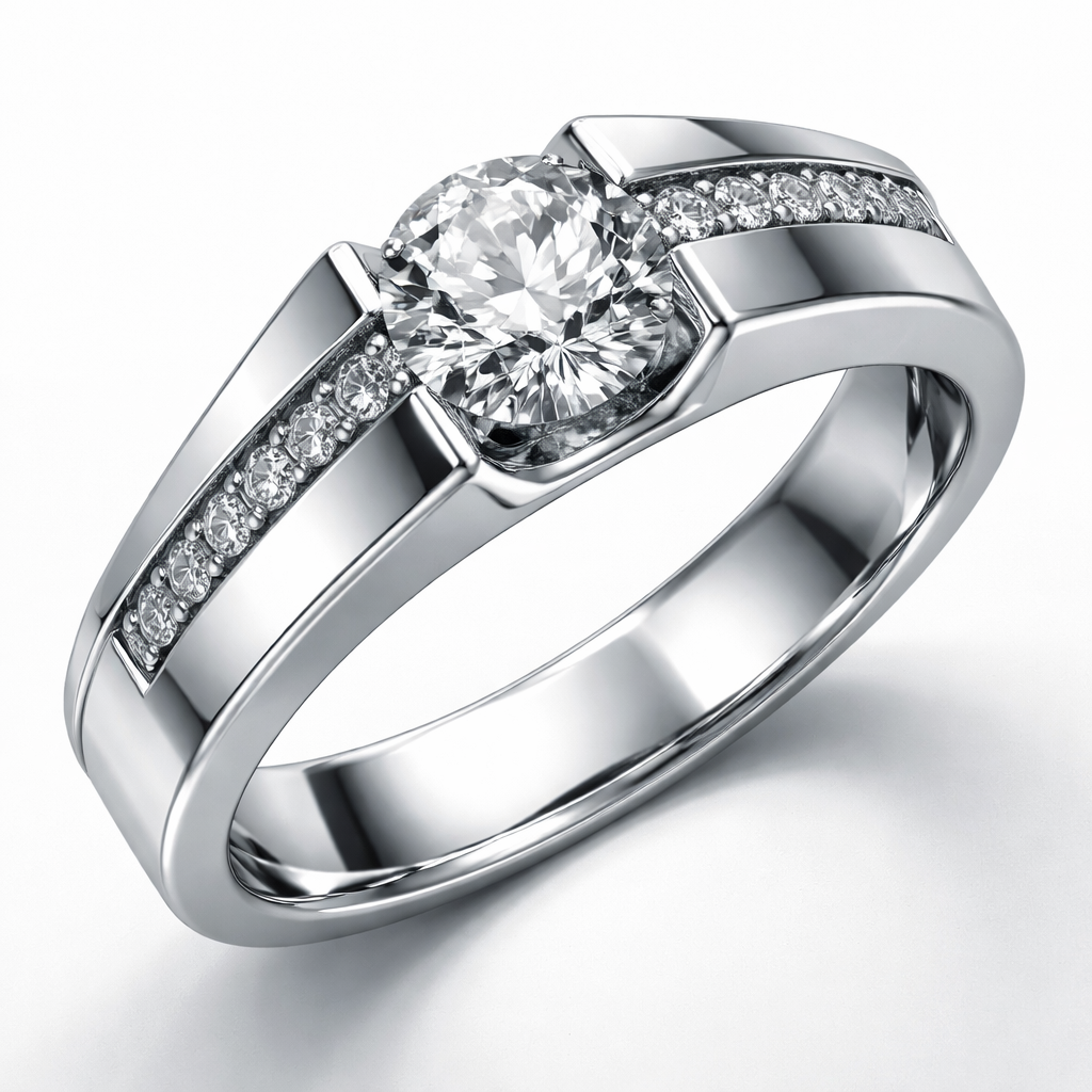 A unique engagement ring for husband. White gold, Big diamond in middle and small diamonds across the top part of the body. I want a unique design, one he can wear on a regular basis and also catches attention.